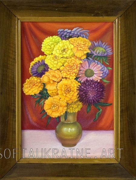 2_Leshchenko Eugene_Marigolds in a vase_1998_18.9х12.6″_paper, pastel, watercolor